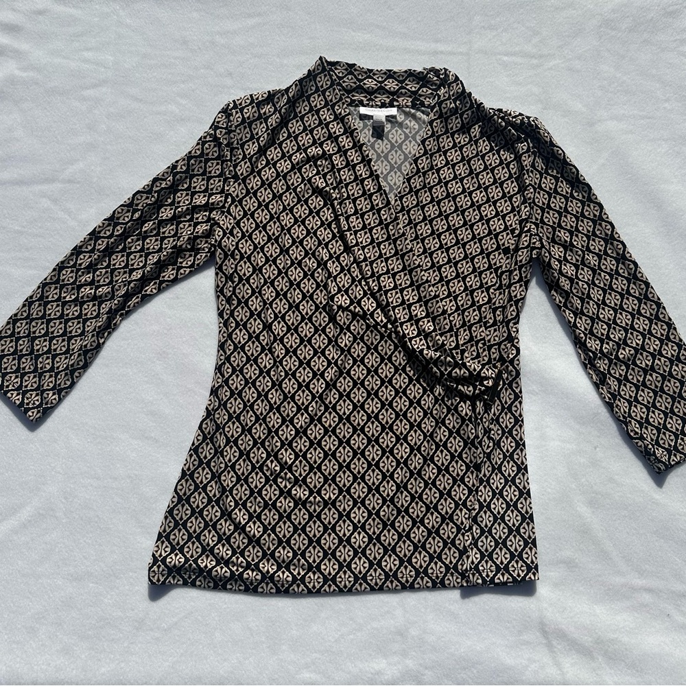 Charter Club Crossover Wrap Blouse V Neck, Brown/ Black. Womens Size Medium